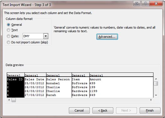 excel text import wizard default settings