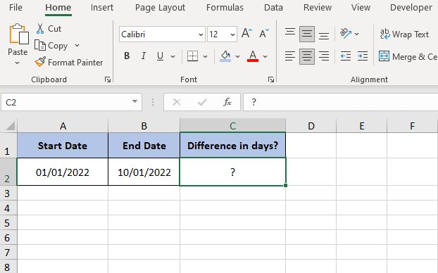 Calculate the Number of days between two dates Excel