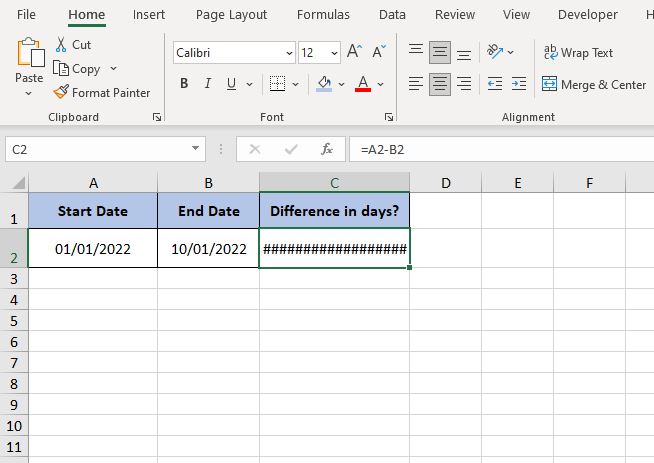 Calculate the Number of days between two dates Excel