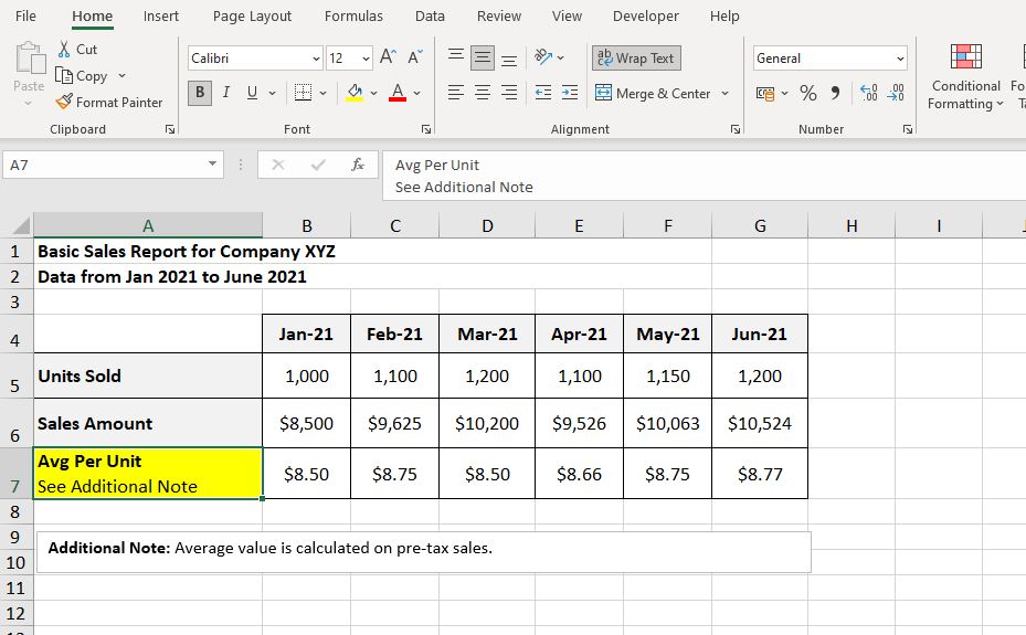 Insert a new line in Excel cells