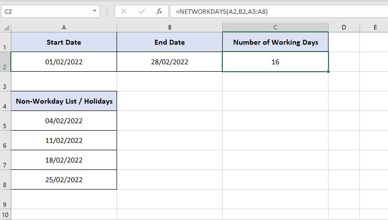 Calculate the Number of Working Days Between Two Dates in Excel