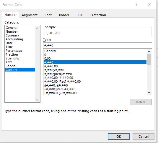 display Excel numbers as millions M