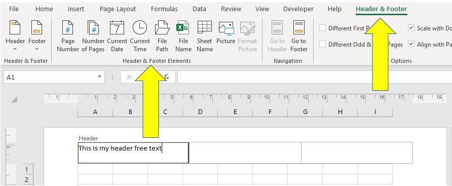 insert a header and footer in Excel