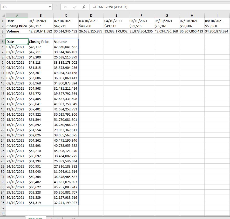 transpose data in excel