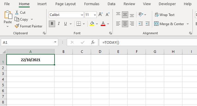 function insert current date in excel