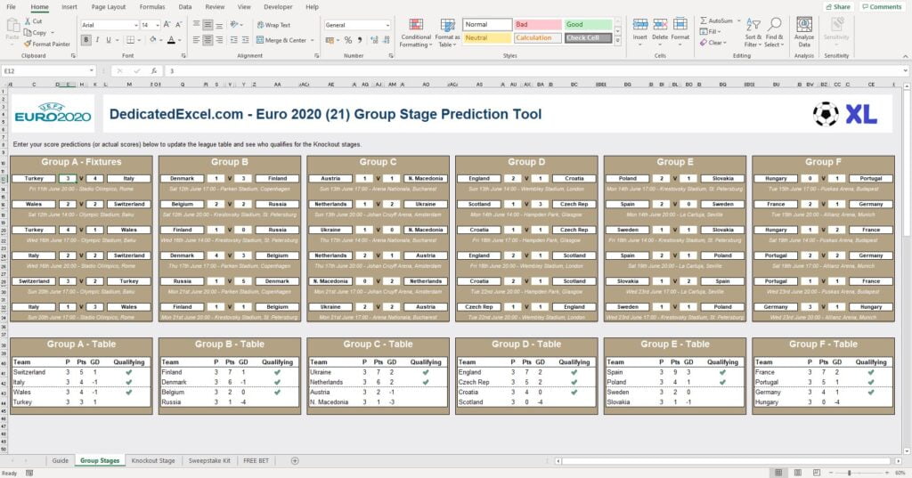 Excel Predictor tool for Euro 2020