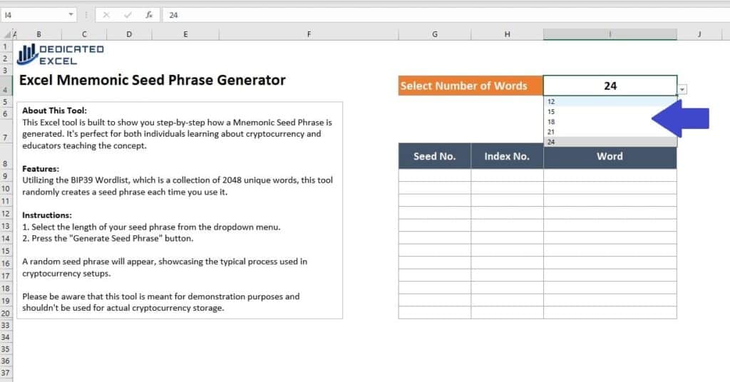 Excel Mnemonic Phrase Generator